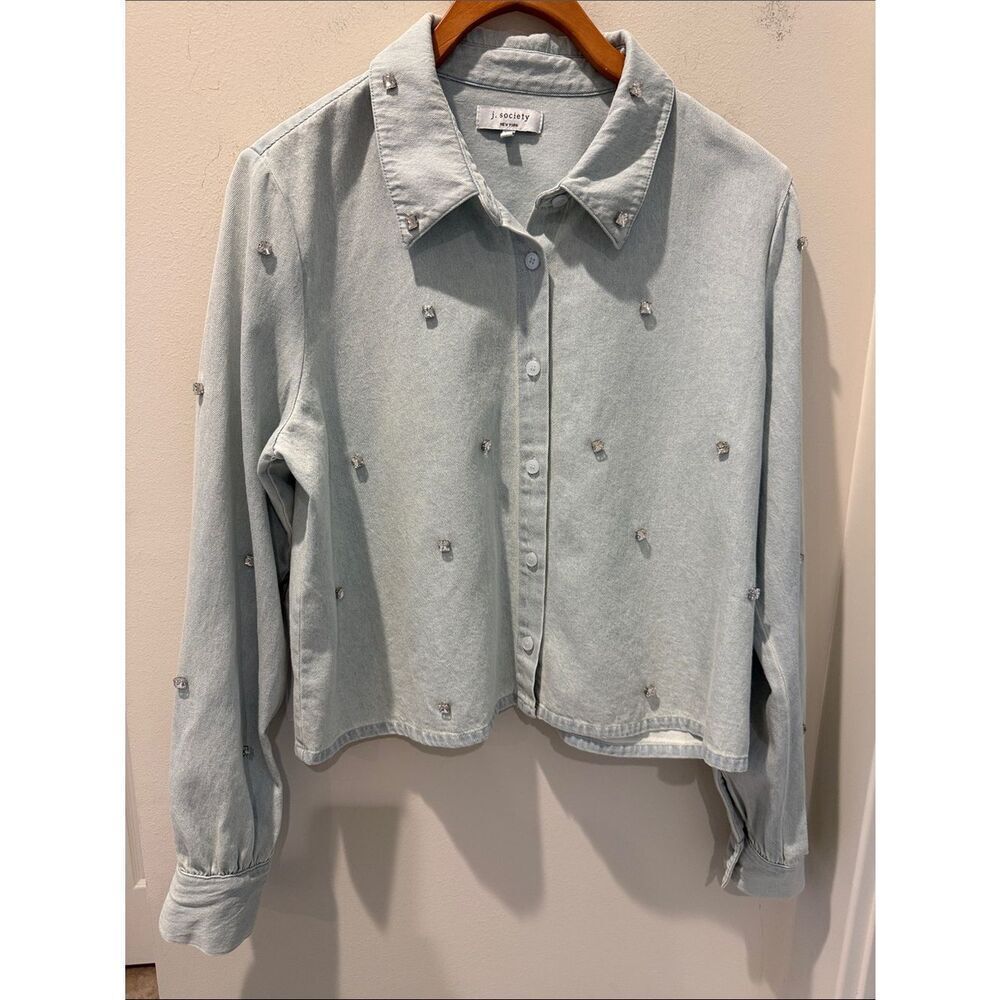 J. Society New York Light Blue Crystal-Embellished Jean Jacket Shirt cropped M